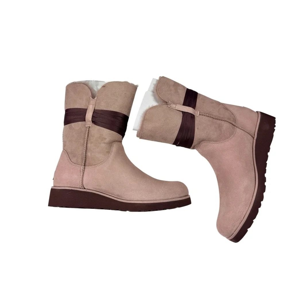 UGG Brita Boots Dusty Rose Suede Pom Pom Mid Calf Winter 1018518 Size 11 NEW